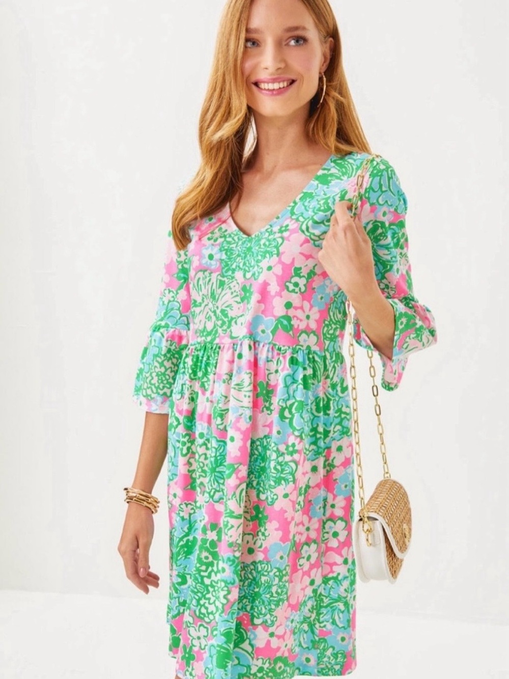 Lilly Pulitzer Pink, Green & Light Blue Floral V-Neck Dress